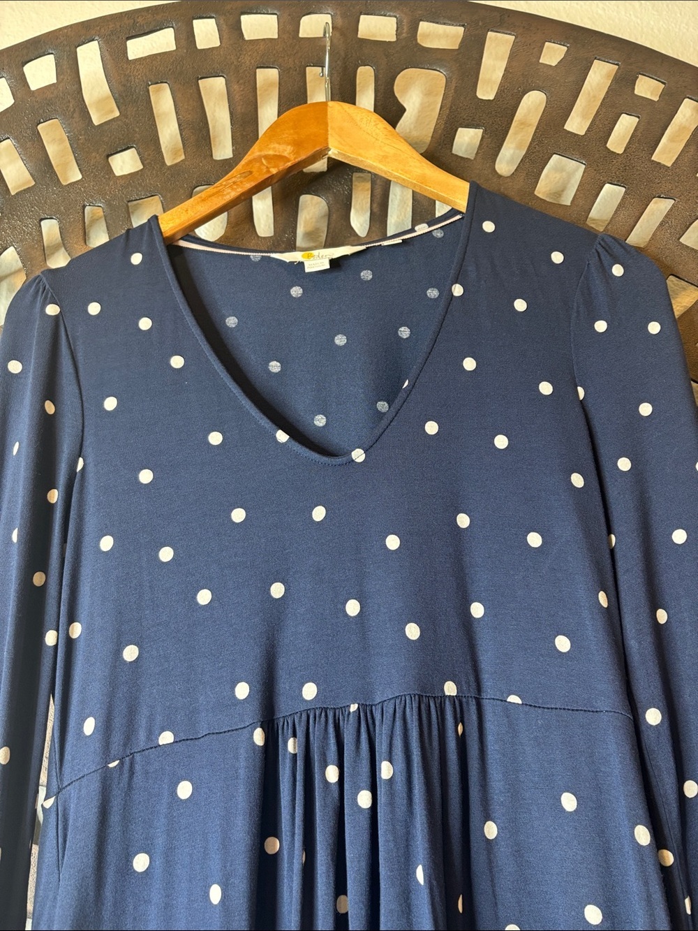 💙Boden Navy Blue Polka Dot V-Neck Dress Petite 4P Stretch Long Sleeve Flowy💙 - Picture 3 of 12
